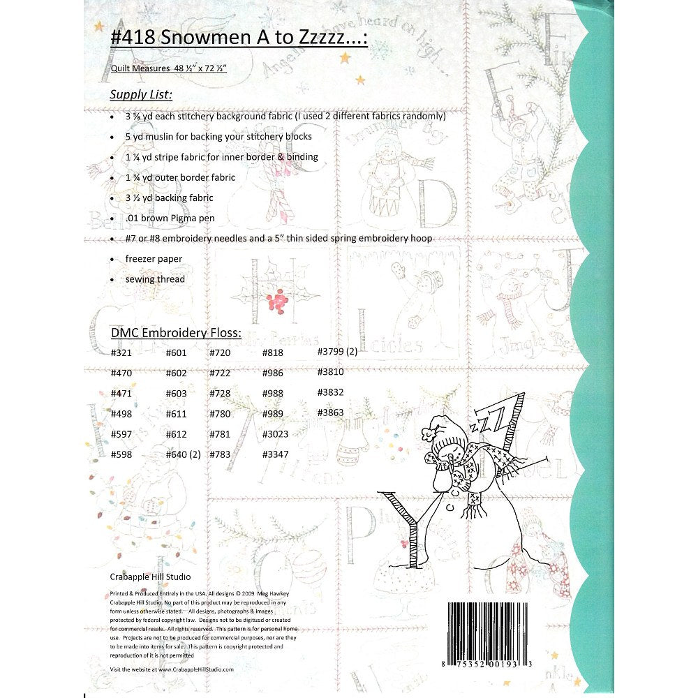 Snowmen A to Zzzzz Quilt Pattern, Crabapple Hill Studio image # 35625