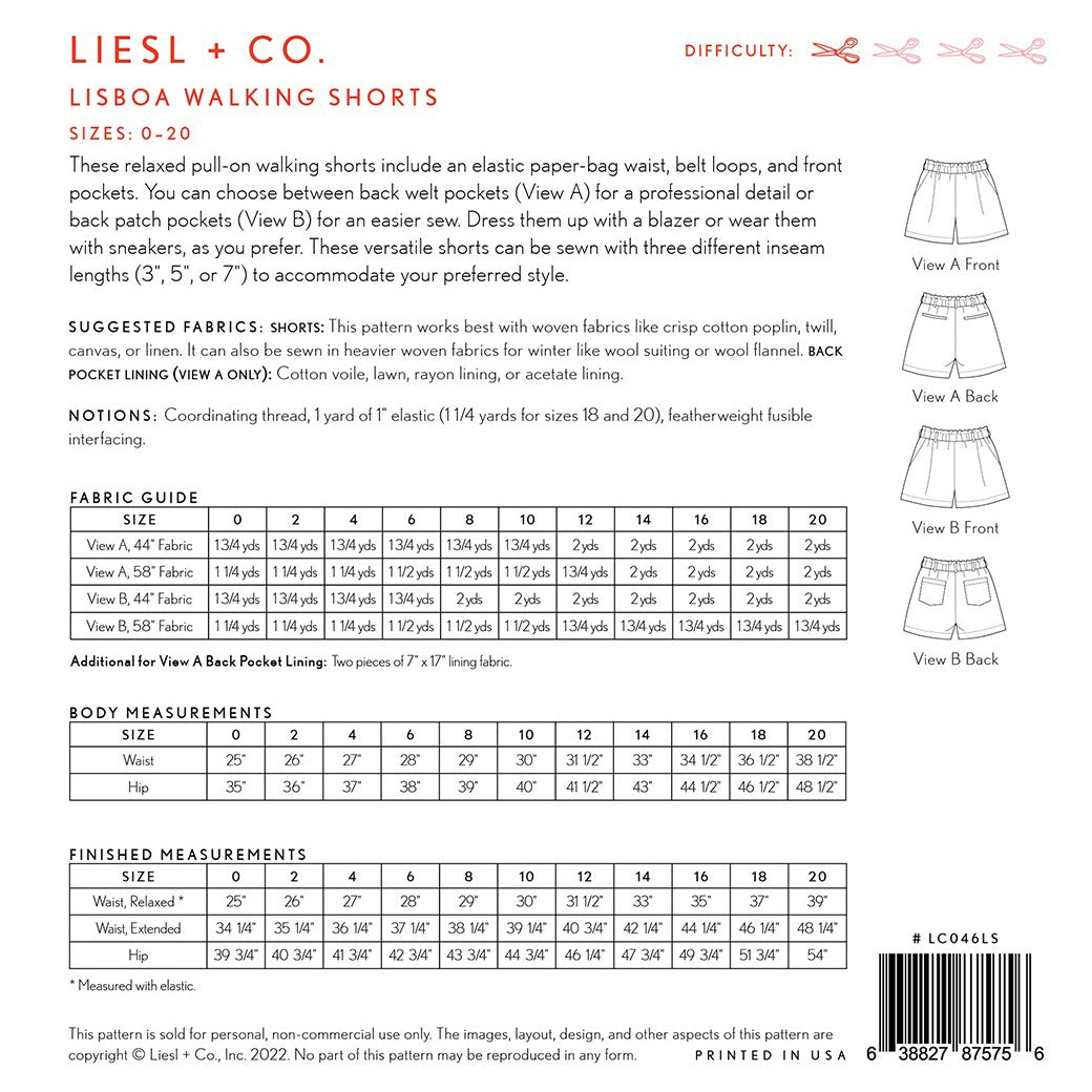 Lisboa Walking Shorts Pattern, Liesl & Co. image # 100264