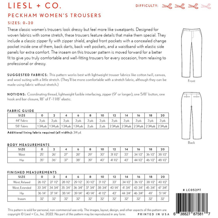 Peckham Women's Trousers Pattern, Liesl & Co. image # 109381