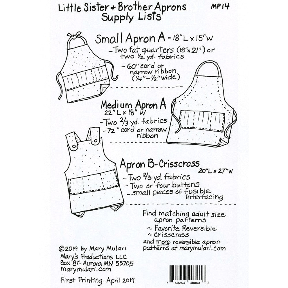 Little Sister and Brother Apron Pattern, Mary Mulari Designs image # 84378