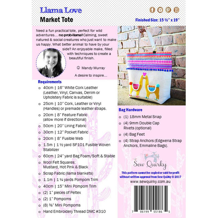 Sew Quirky, Llama Love Market Tote Pattern image # 67707