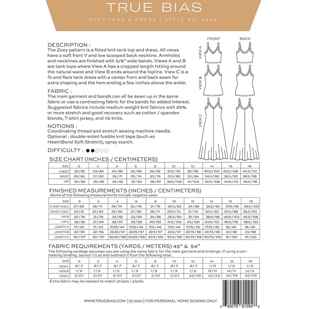 True Bias Patterns - Zoey Tank & Dress Pattern 0-18 image # 109622