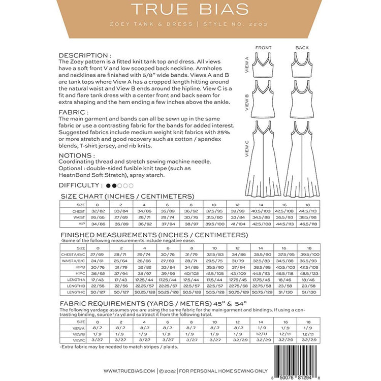 True Bias Patterns - Zoey Tank & Dress Pattern 0-18 image # 109622