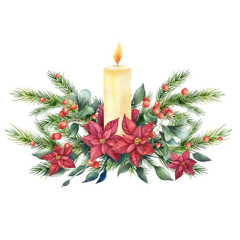 Christmas Night Poinsettia & Candle Fabric Panel - White