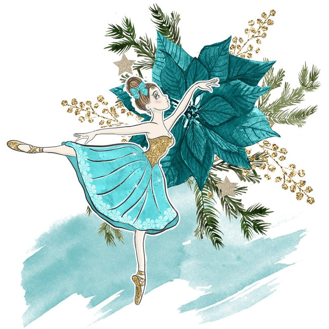 Elegant Nutcracker Ballerina and Poinsettia Fabric Panel - Blue