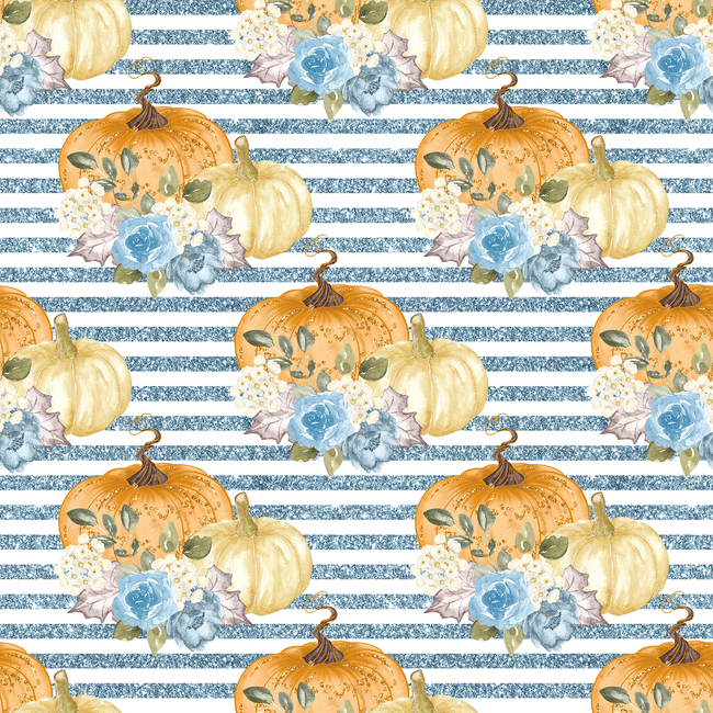 Floral Pumpkins & Stripes Fabric - Blue