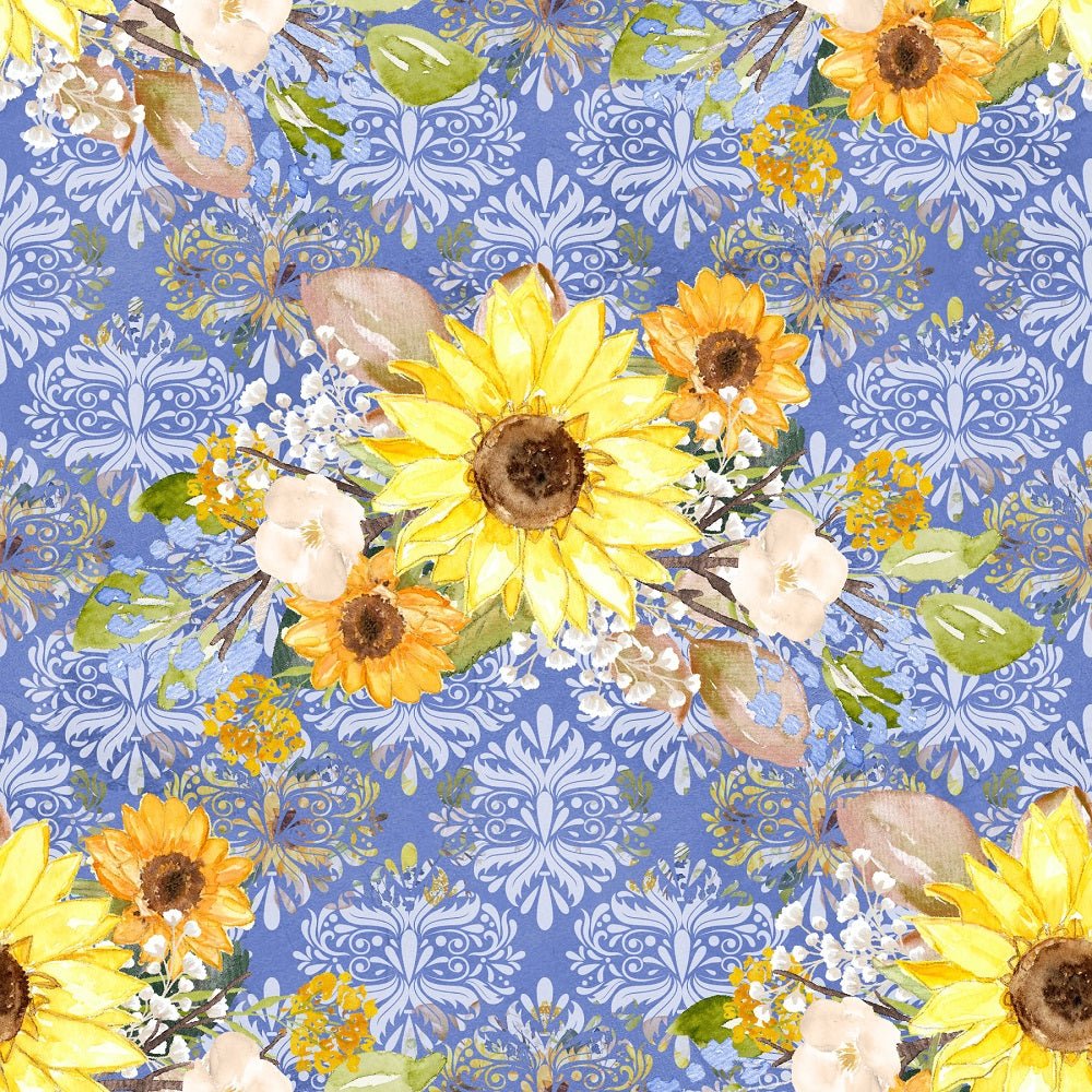 Hand Painted Sunflowers on Damask Fabric - Blue