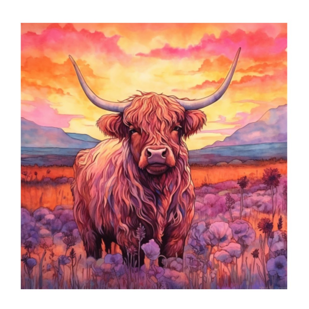 Highland Cow & Sunset Portrait 2 Fabric Panel