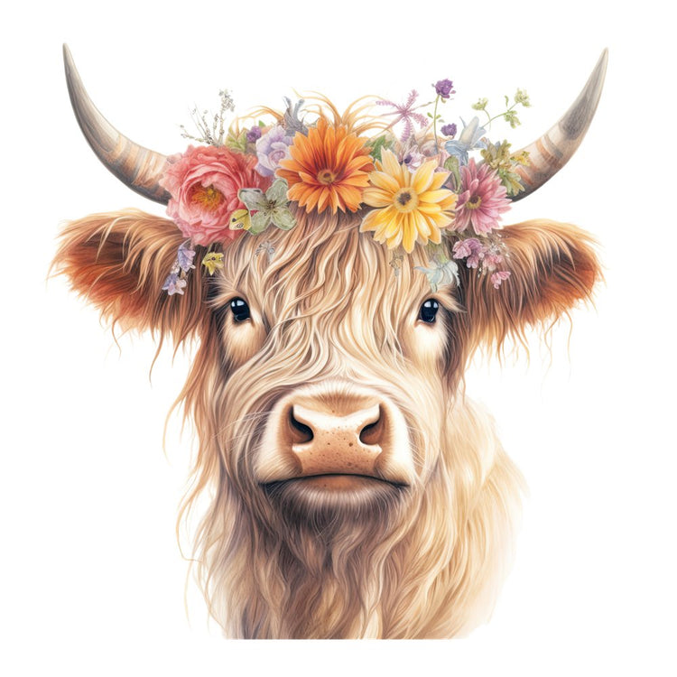 Highland Cow With Flower Crown 4 Fabric Panel