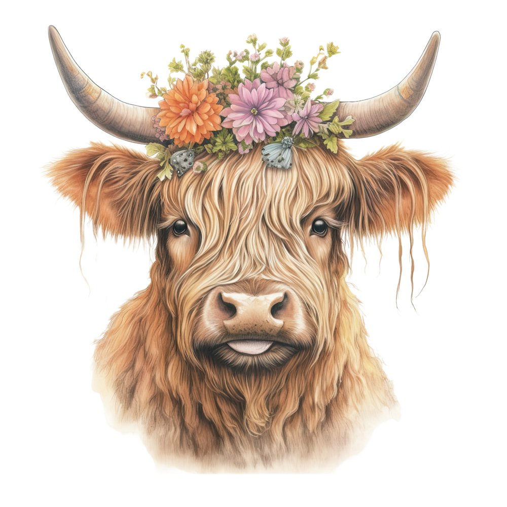 Highland Cow With Flower Crown 5 Fabric Panel