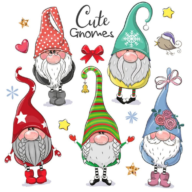 Cartoon Holiday Theme Gnomes Fabric Panel - White