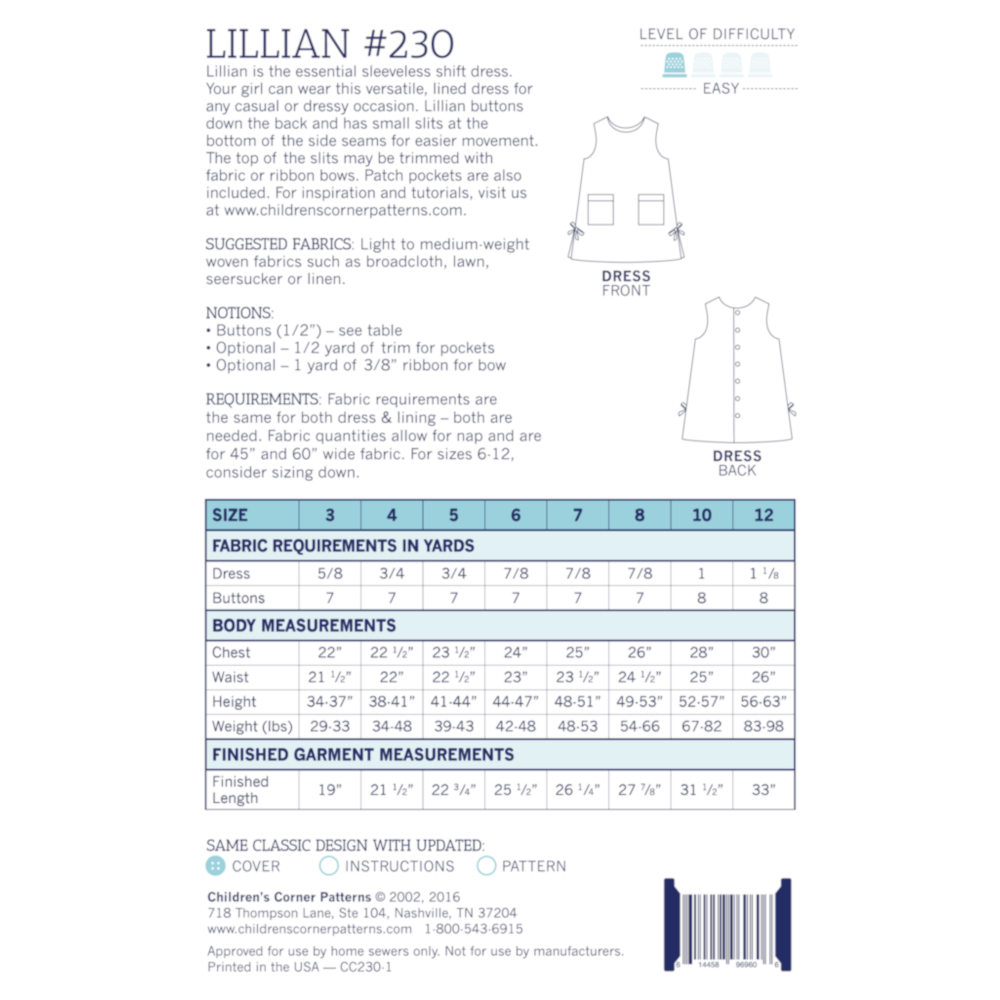 Lillian Dress Pattern - Sizes 3-12 image # 55464