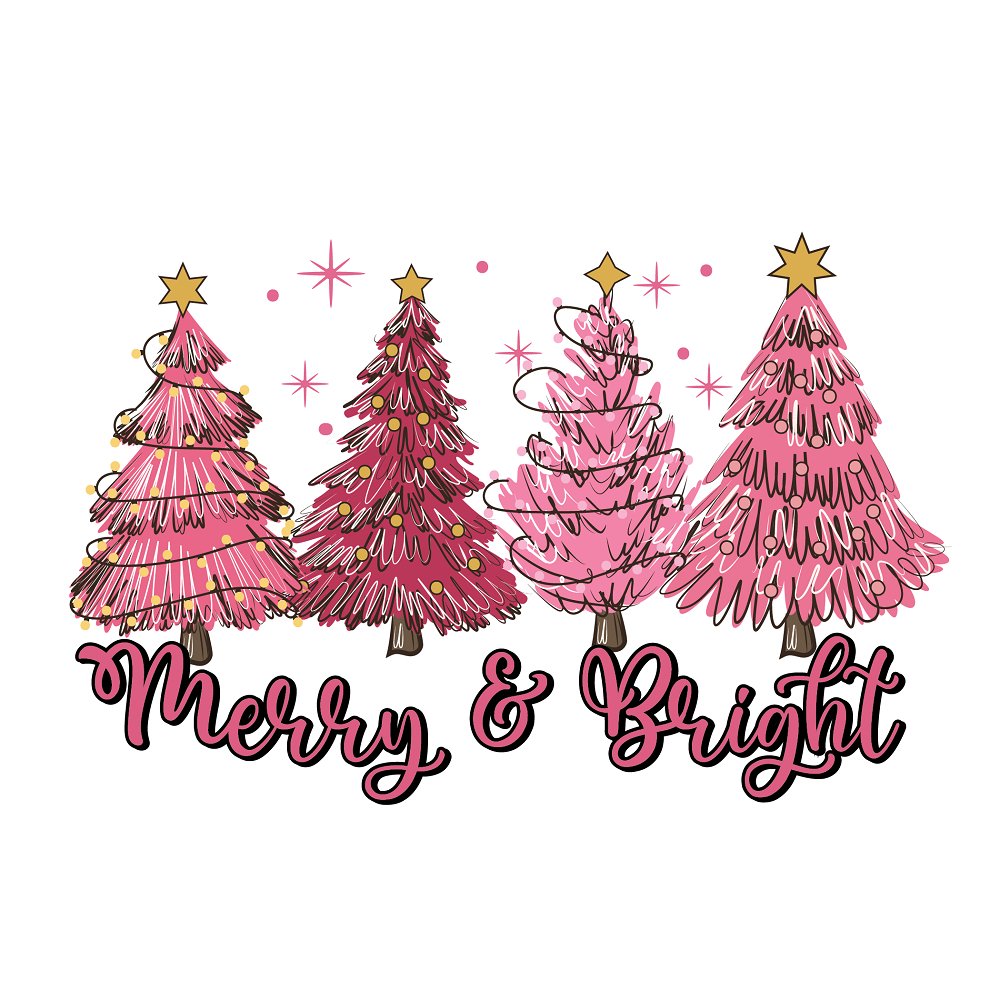 Merry & Bright & Pink Christmas Trees Fabric Panel