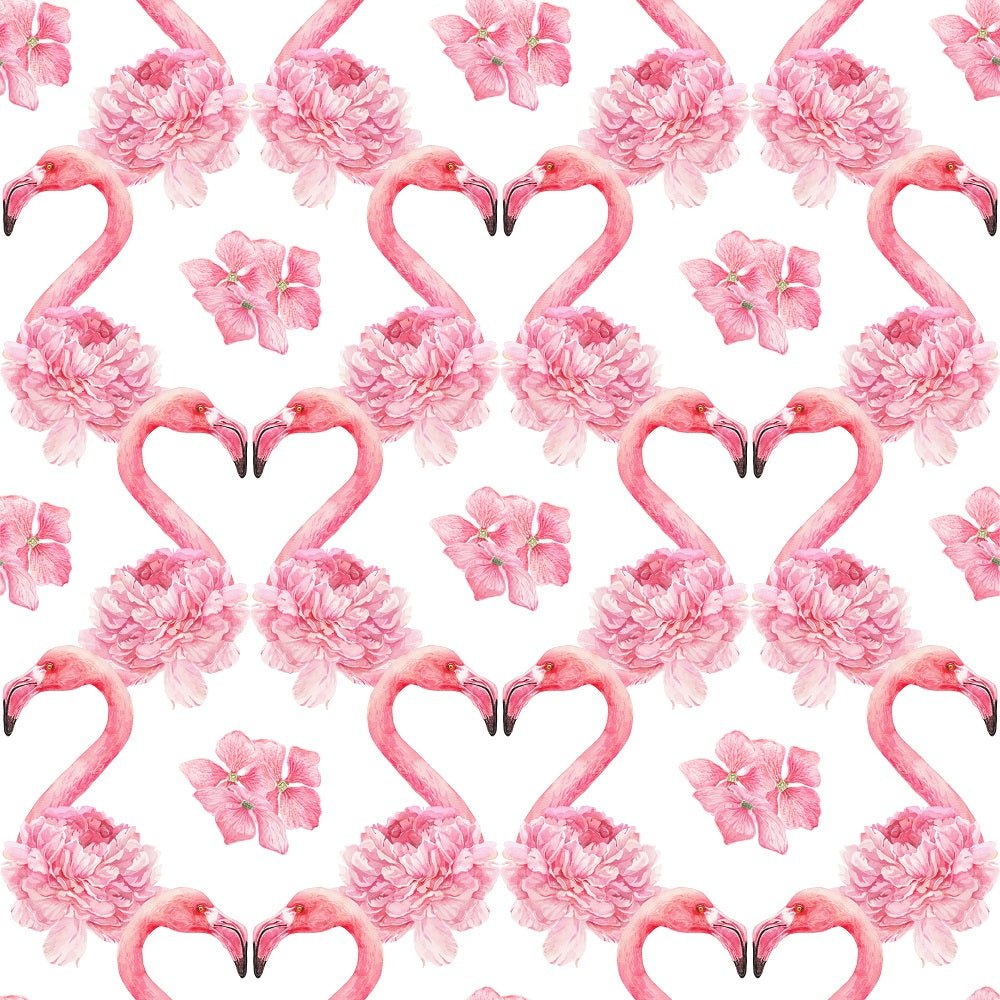 Tropical Love Flamingos and Flowers Fabric - White