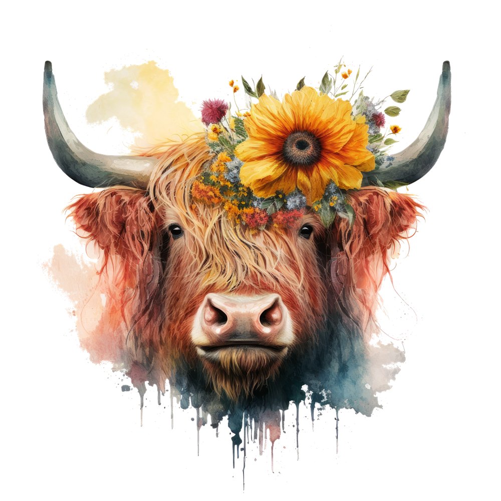 Watercolor Floral Highland Cow 15 Fabric Panel